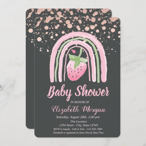 Cute Rainbow StrawberryRose Gold Dots Baby Shower Invitation