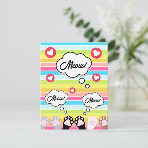 Cute Rainbow Stripe Cat Paws Up Meow Hello Note Card