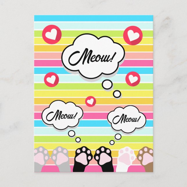 Cute Rainbow Stripe Cat Paws Up Meow Hello Postcard (Front)
