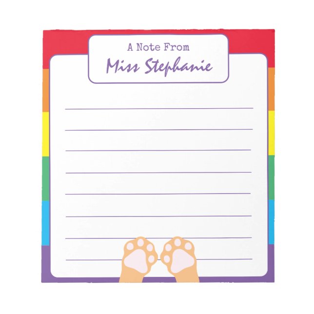 Cute Rainbow Stripe Orange Ginger Cat Paws Teacher Notepad (Front)