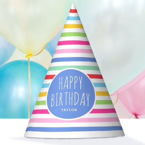 Cute Rainbow Striped Happy Birthday Blue Party Hat