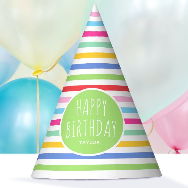 Cute Rainbow Striped Happy Birthday Green Party Hat (Creator Uploaded)