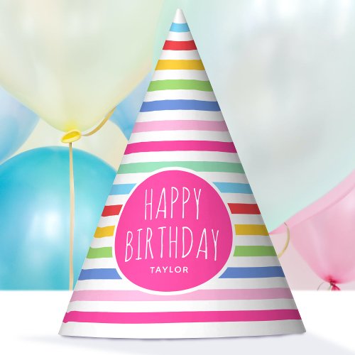 Cute Rainbow Striped Happy Birthday Pink Party Hat