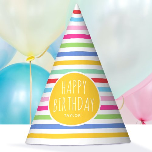 Cute Rainbow Striped Happy Birthday Yellow Party Hat