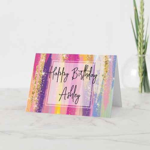Cute Rainbow Stripes with Faux Glitter Birthday Card