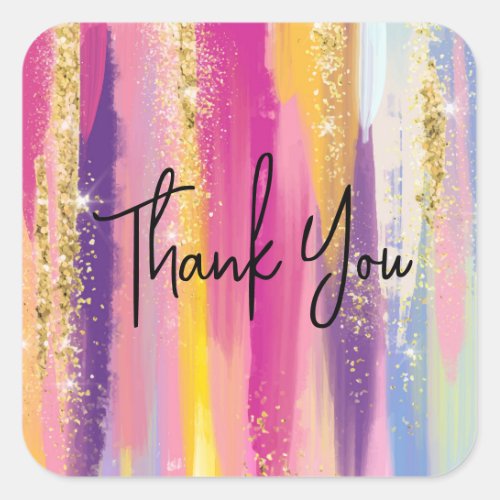 Cute Rainbow Stripes with Gold Glitter Thank You Square Sticker