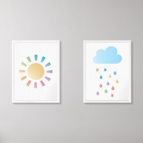 Cute Rainbow Sun Cloud and Raindrops Kids Nursery Wall Art Sets