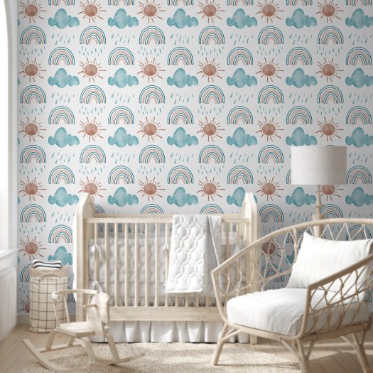 Cute Rainbow Sun Cloud Beige Blue Nursery 