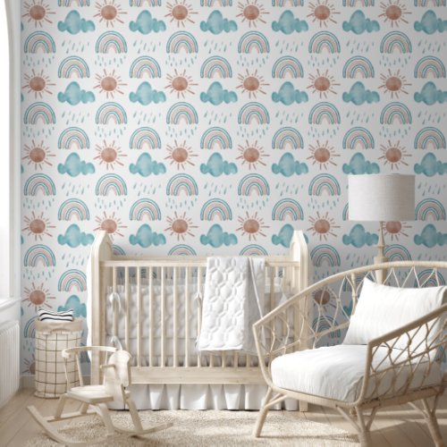 Cute Rainbow Sun Cloud Beige Blue Nursery  Wallpaper