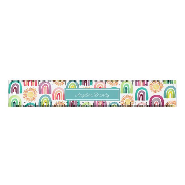 Cute Rainbow & Suns Back to School Kids Teal Blue Ruler (Front)
