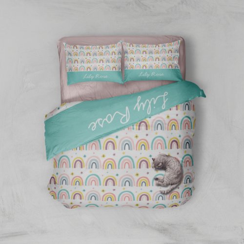 Cute Rainbow Teal Kids Personalized Duvet Cover