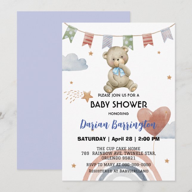 Cute Rainbow teddy Bear balloon baby boy shower  Invitation (Front/Back)