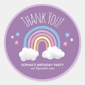 Cute Rainbow Thank You Purple Kids Birthday Classic Round Sticker by Simply_Baby at Zazzle