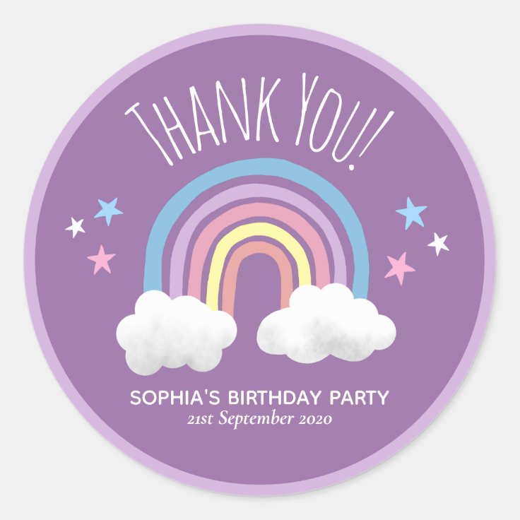 Cute Rainbow Thank You Purple Kids Birthday Classic Round Sticker | Zazzle