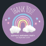 Cute Rainbow Thank You Purple Kids Birthday Classic Round Sticker<br><div class="desc">This cute and magical girls purple baby shower favor sticker design features a rainbow and stars,  and can be personalized with your child's name and the date of your birthday party. The perfect whimsical 'thank you' favor stickers for your kids birthday party.</div>