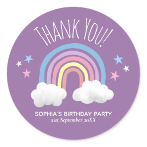 Cute Rainbow Thank You Purple Kids Birthday Classic Round Sticker