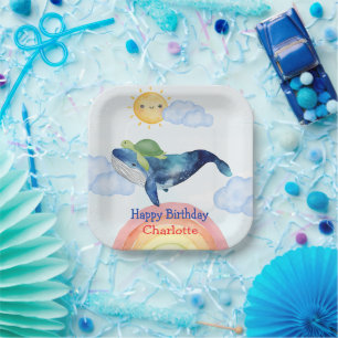 Cute Rainbow turtle whale fish Birthday party Paper Plates