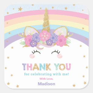 Cute Rainbow Unicorn 1st 2nd Birthday Party Favor Square Sticker