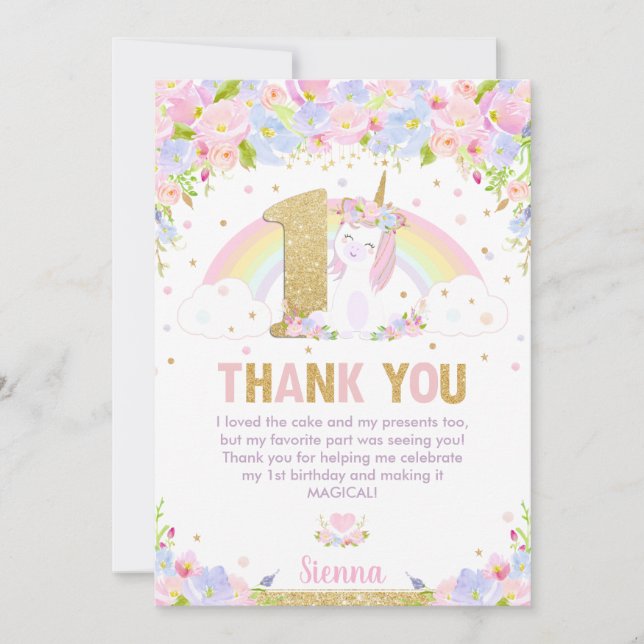 Cute Rainbow Unicorn 1st Birthday Party Thank You Card (Front)
