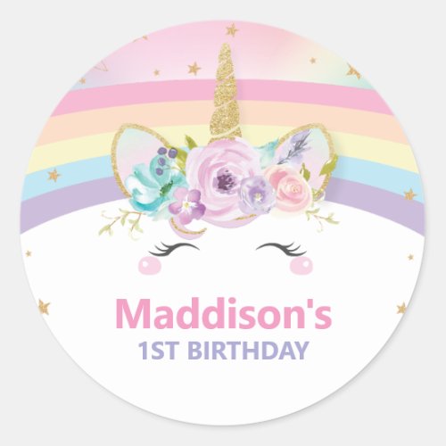 Cute Rainbow Unicorn 1st Birthday Thank You Favor Classic Round Sticker