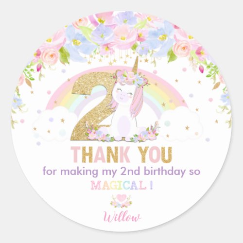 Cute Rainbow Unicorn 2nd Birthday Thank You Favor Classic Round Sticker