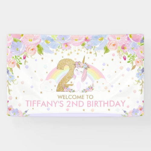 Cute Rainbow Unicorn 2nd Birthday Welcome Backdrop Banner