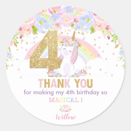 Cute Rainbow Unicorn 4th Birthday Thank You Favor Classic Round Sticker