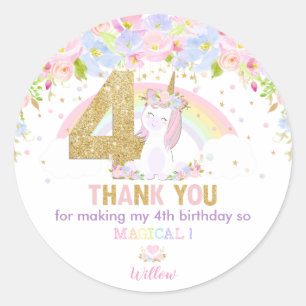 Cute Rainbow Unicorn 4th Birthday Thank You Favor Classic Round Sticker