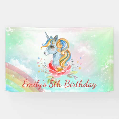 Cute Rainbow Unicorn 5th Birthday Party Banner