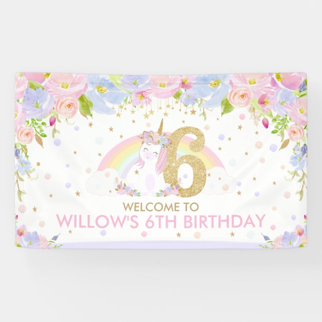 Cute Rainbow Unicorn 6th Birthday Welcome Backdrop Banner (Horizontal)