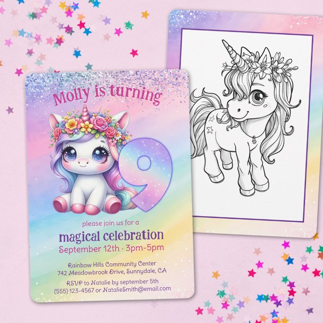 Cute Rainbow Unicorn 9th magical birthday Invitation (Creator Uploaded)