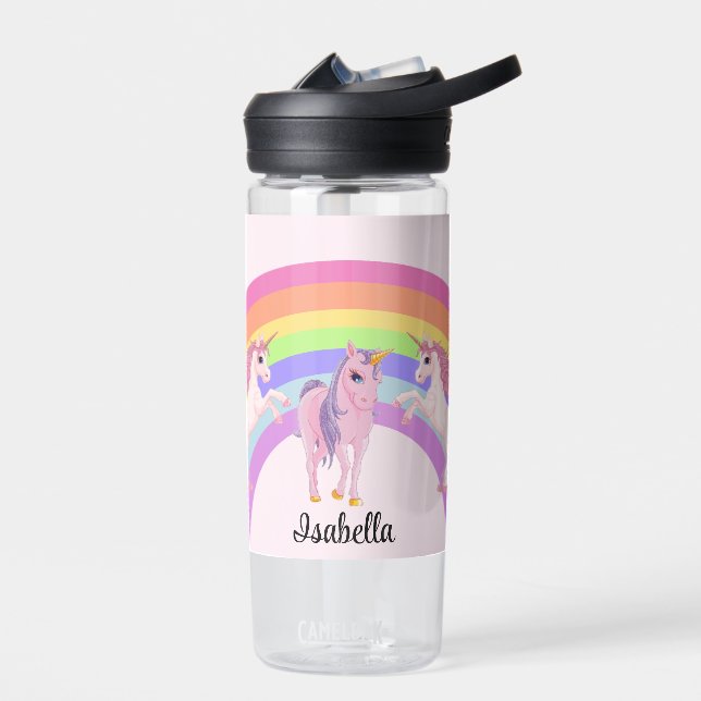 Cute Rainbow Unicorn Add Girl's Name Water Bottle (Left)