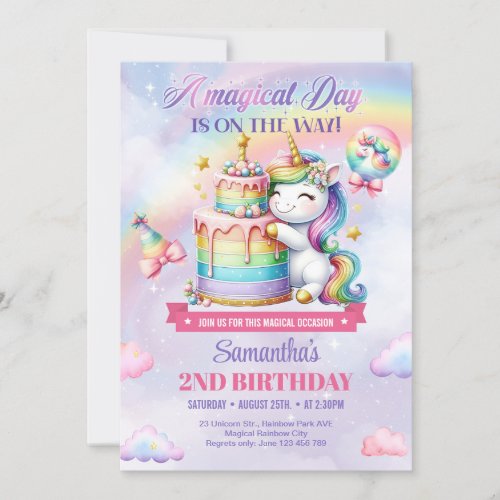 Cute Rainbow Unicorn And cake girl second Birthday Invitation
