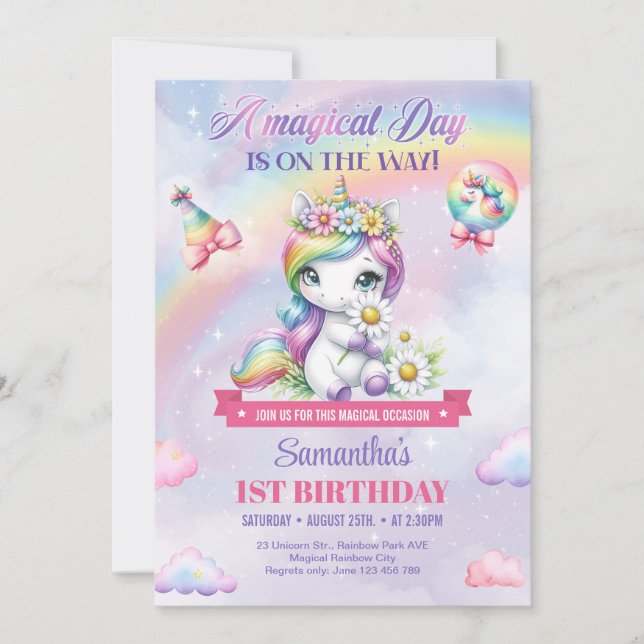 Cute Rainbow Unicorn And Sparkles 1st Birthday Invitation (Front)