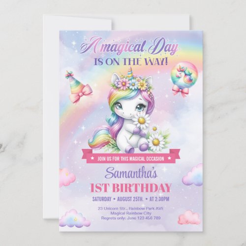 Cute Rainbow Unicorn And Sparkles 1st Birthday Invitation