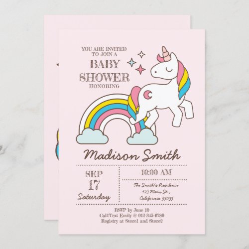 Cute Rainbow Unicorn And Sparkles Baby Shower Invitation