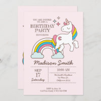 Cute Rainbow Unicorn And Sparkles Birthday Invitation