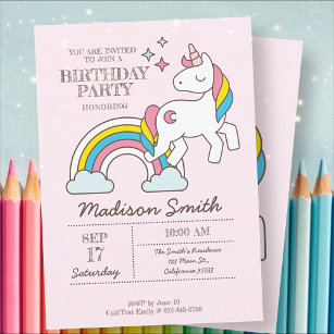 Cute Rainbow Unicorn And Sparkles Birthday Invitation