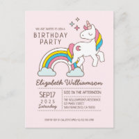 Cute Rainbow Unicorn And Sparkles Birthday Invitation Postcard