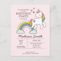 Cute Rainbow Unicorn And Sparkles Birthday Invitation Postcard