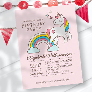 Cute Rainbow Unicorn And Sparkles Birthday Invitation Postcard