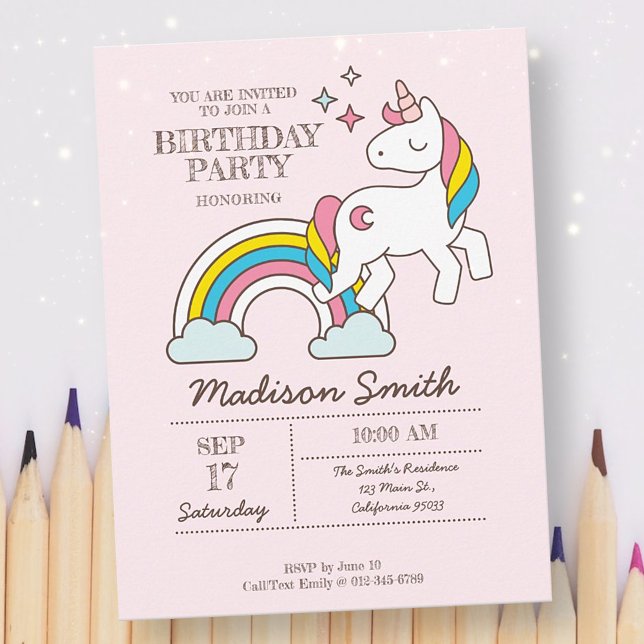 Cute Rainbow Unicorn And Sparkles Birthday Invitation Postcard (Creator Uploaded)