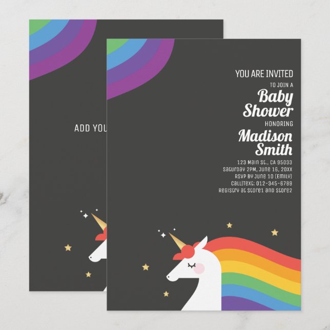 Cute Rainbow Unicorn and Stars Baby Shower Invitation (Front/Back)