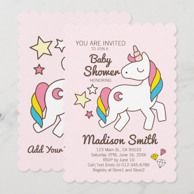 Cute Rainbow Unicorn and Stars Diamond Baby Shower Invitation (Front/Back)