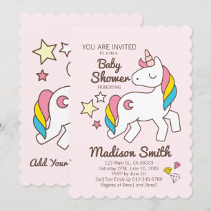 Cute Rainbow Unicorn and Stars Diamond Baby Shower Invitation