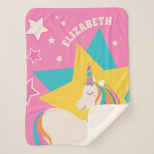 Cute Rainbow Unicorn and Stars Girly Pink Monogram Sherpa Blanket