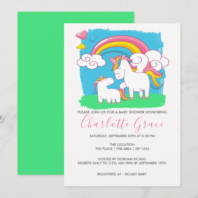 Cute Rainbow Unicorn Baby Shower Invitation (Front/Back)
