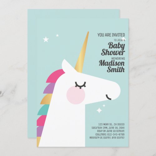 Cute Rainbow Unicorn Baby Shower Invitation
