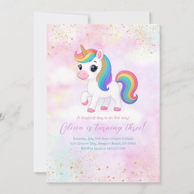 Cute Rainbow Unicorn Birthday Party Invitation (Front)
