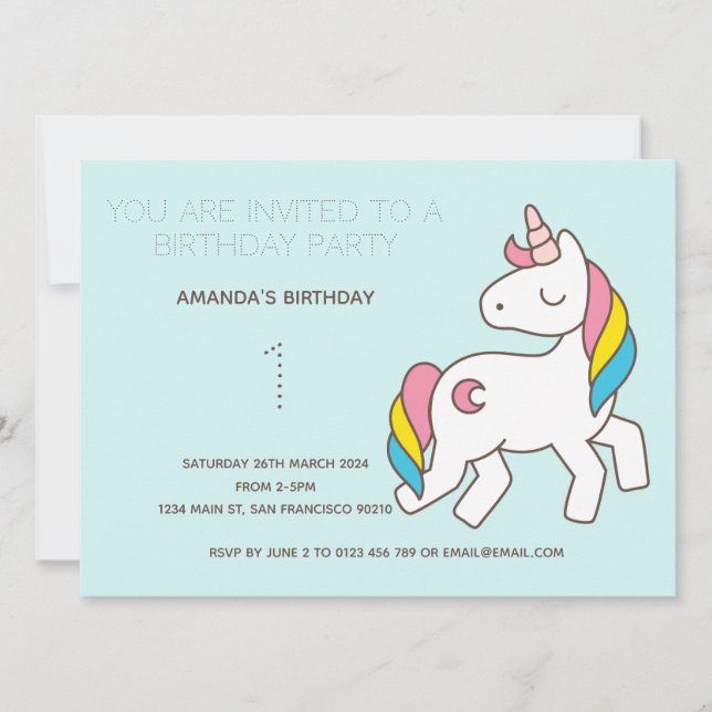 Cute Rainbow Unicorn Birthday Party Invitation (Front)